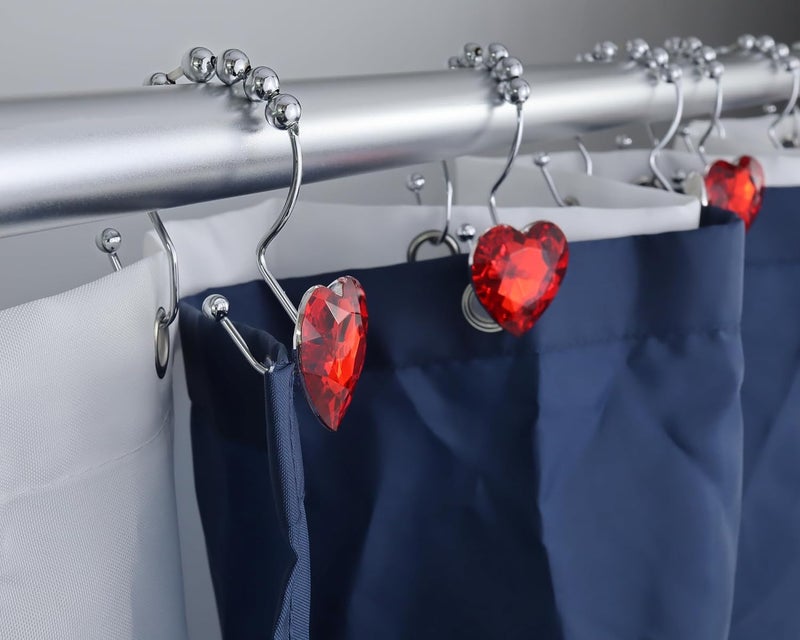 Yapicoco Shower Curtain Hooks Rings for Bathroom, 12PCS Heart Stainless Steel Rust Resistant Decorative Rhinestones Shower Curtain Rings Hangers for Shower Curtains (Double Hook Red) - Image 4